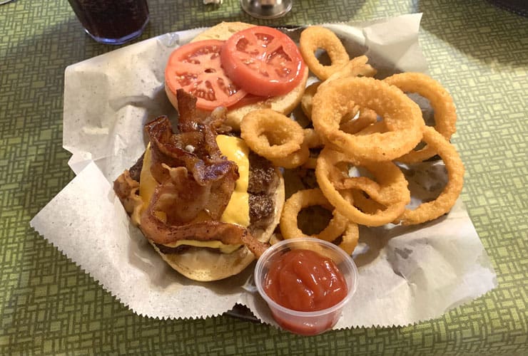 Famous Louise’s Rock House Restaurant Bacon Burger and Onion Rings