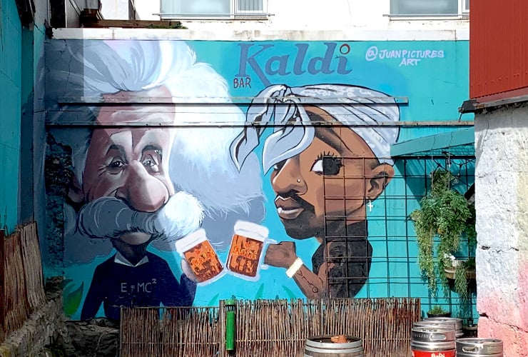 Einstein and Tupac Shakur sharing a beer in Downtown Reykjavik Iceland