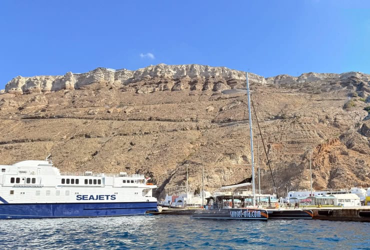 View of Santorini Cliffs from the Athinios Ferry Port